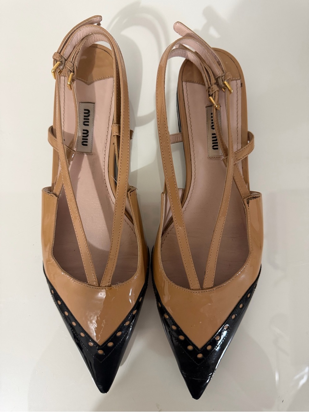 Miu Miu Two-Tone Patent Leather Pointed Slingbacks - Tan & Black
